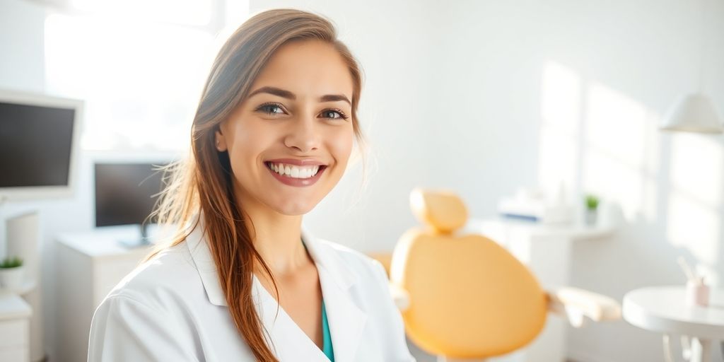 Lächelnde Zahnarzthelferin in heller Praxis