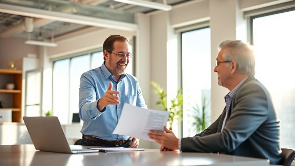 Versicherungsberater und Kunde im Gespräch im Büro