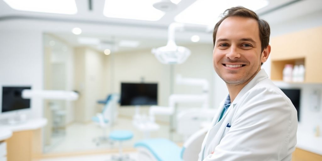 Lächelnder Zahnarzt in heller Praxis