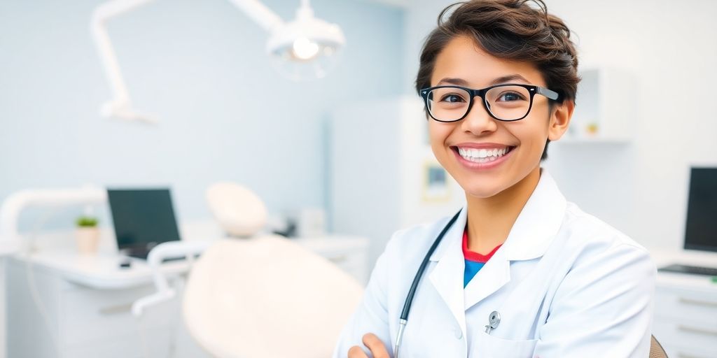 Ein lächelnder Zahnarzt in einer hellen Praxis.