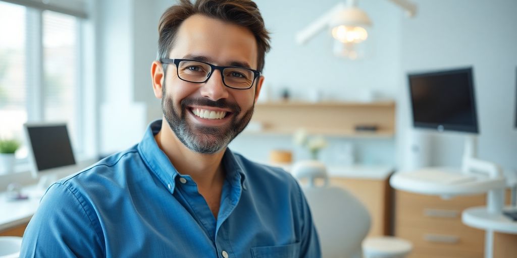 Zahnarzt lächelt in heller Praxis