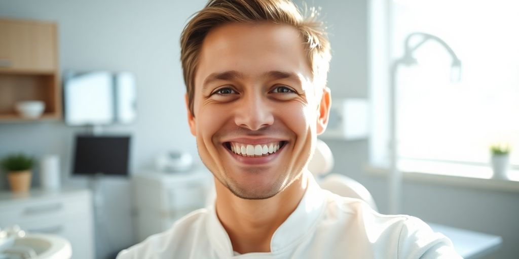 Zahnarzt lächelt in heller Praxis