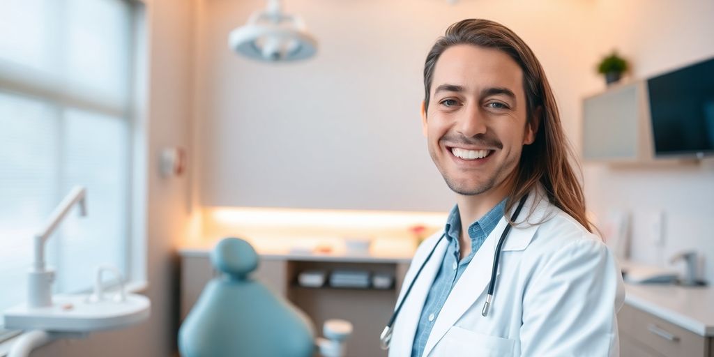 Lächelnder Zahnarzt in heller Praxis