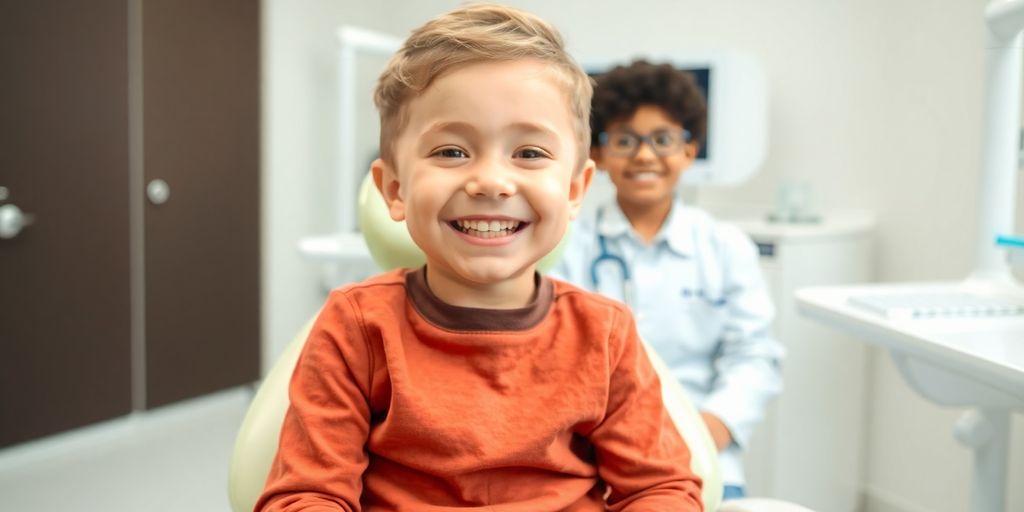 Glückliches Kind lächelt, Zahnarzt im Hintergrund.