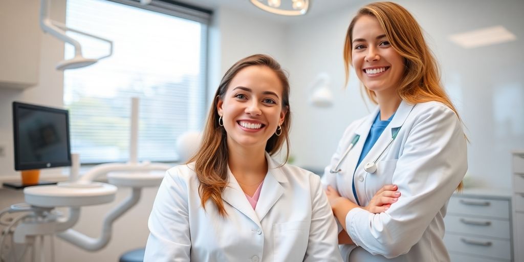 Lächelnder Zahnarzt in heller Praxis.