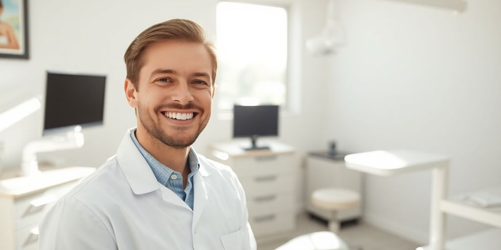 Zahnarzt lächelt in heller Praxis