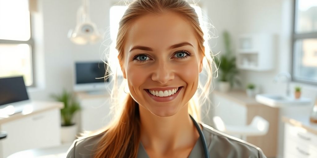 Lachender Zahnarzt in heller Praxis.