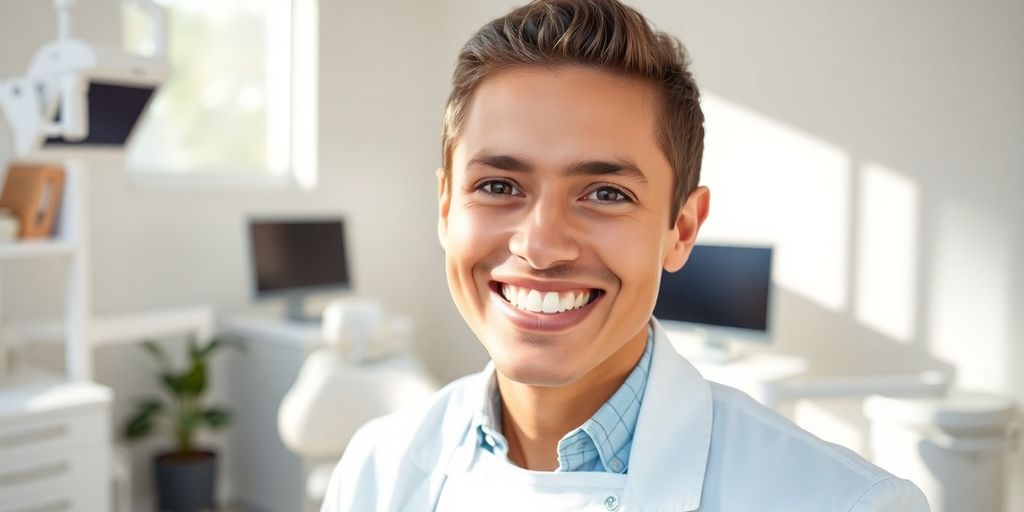Zahnarzt lächelt in moderner Praxis.