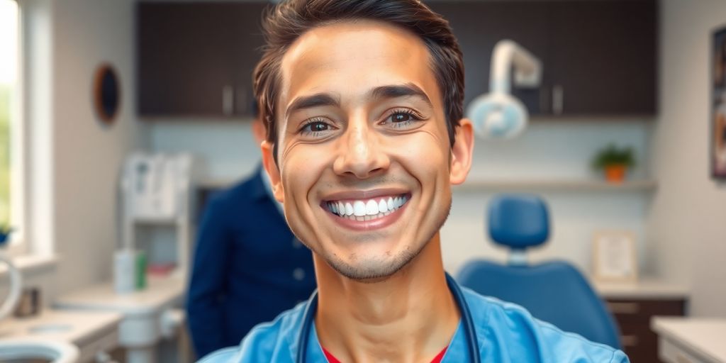 Lächelnder Zahnarzt in heller Praxis