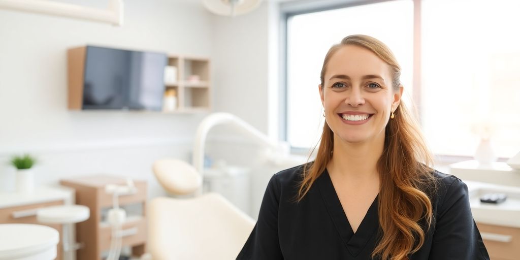 Zahnarzt lächelt in heller Praxis