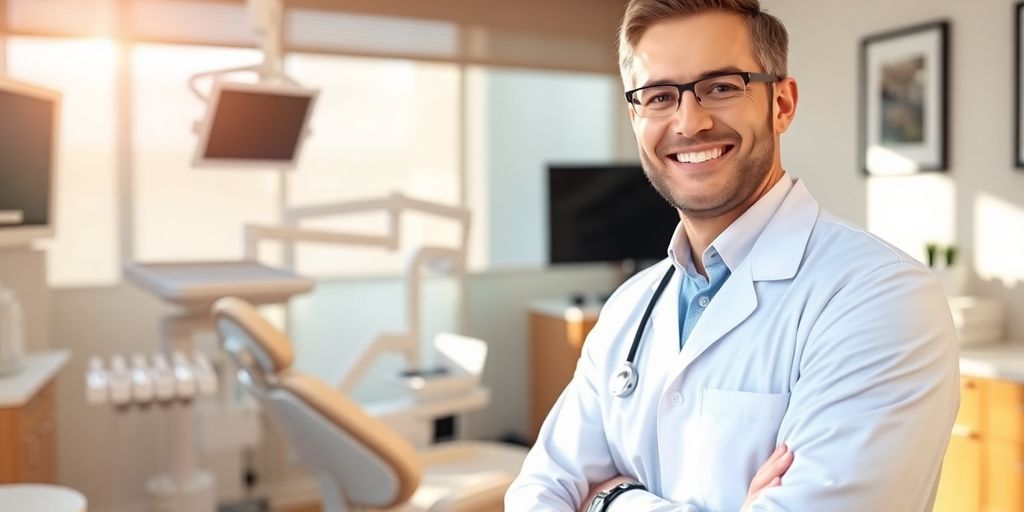 Zahnarzt lächelt in heller Praxis.