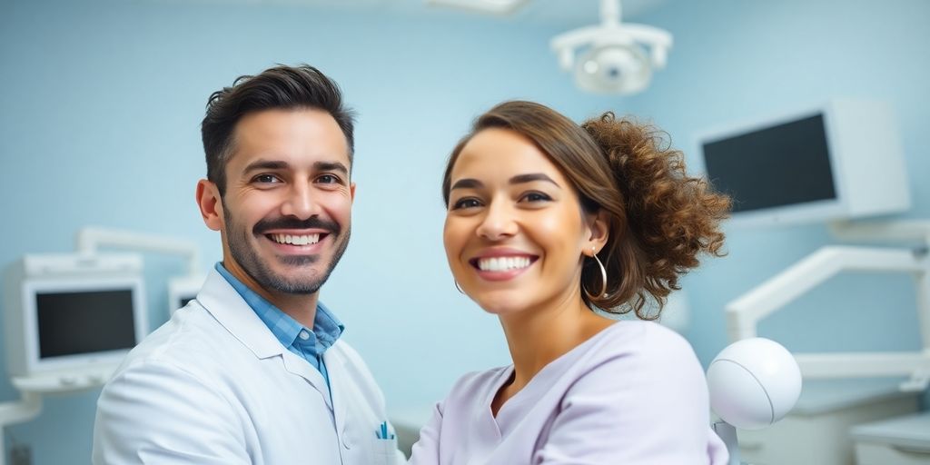 Zwei lächelnde Zahnärzte in heller Praxis
