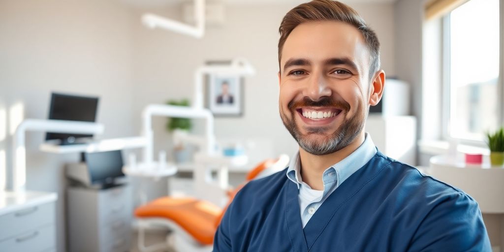 Zahnarzt lächelt in heller Praxis