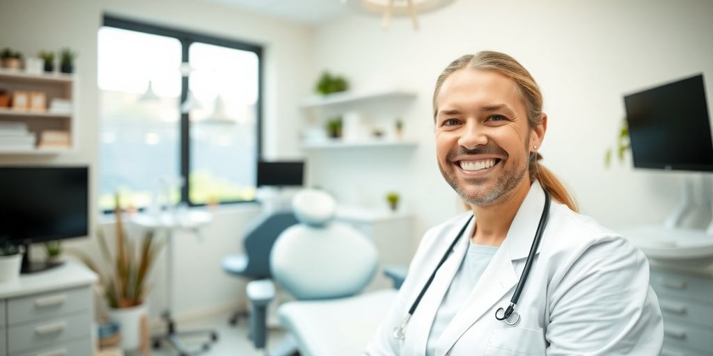 Lachender Zahnarzt in heller Praxis