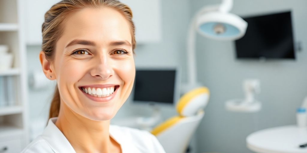 Zahnarzt lächelt in heller Praxis