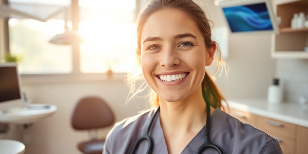 Zahnarzt lächelt in moderner Praxis