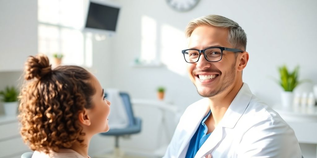 Zahnarzt lächelt in heller Praxis.