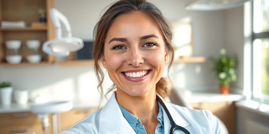 Zahnarzt lächelt in heller Praxis