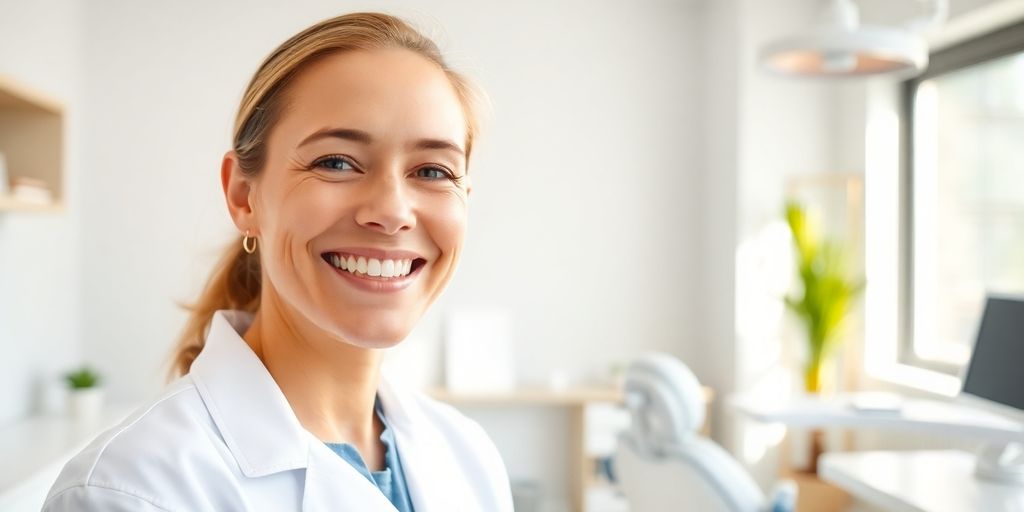 Lächelnder Zahnarzt in heller Praxis