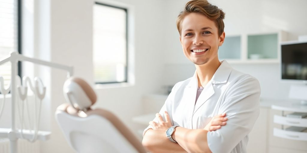 Zahnarzt lächelt in einer hellen modernen Praxis.