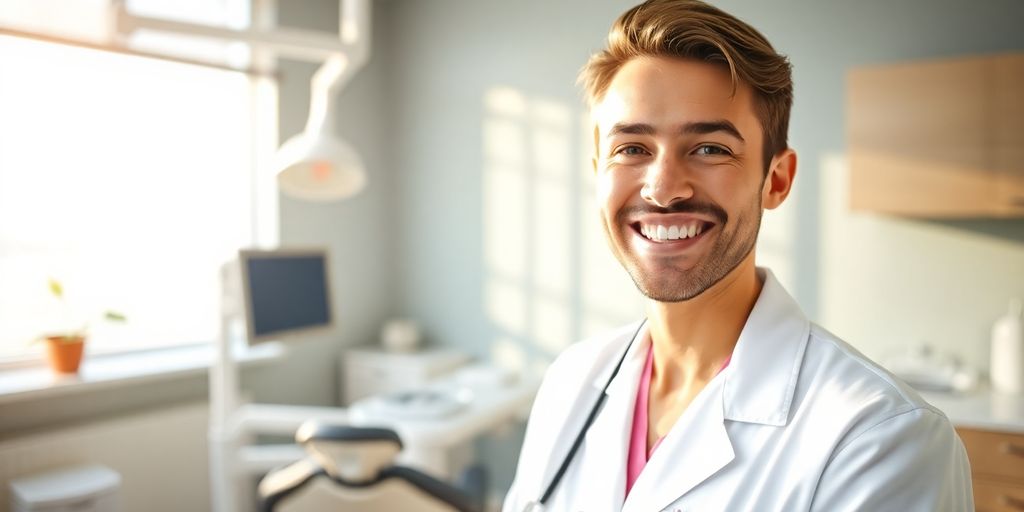 Zahnarzt lächelt in heller Praxis