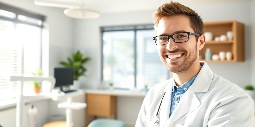 Zahnarzt lächelt in hellen modernen Praxis