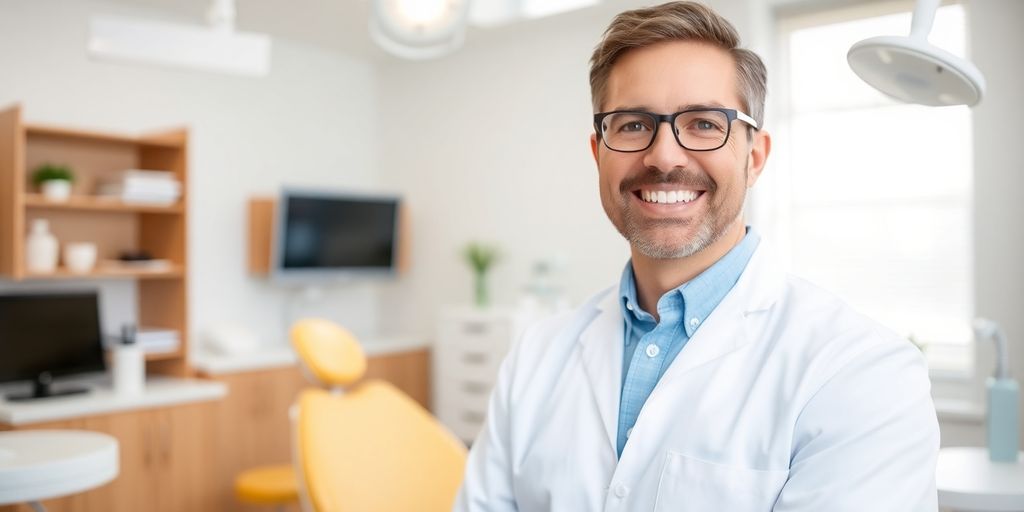Lächelnder Zahnarzt in heller Praxis