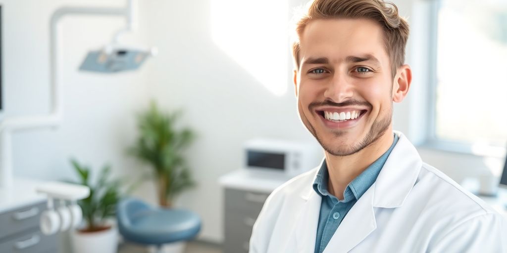 Zahnarzt lächelt in heller Praxis.