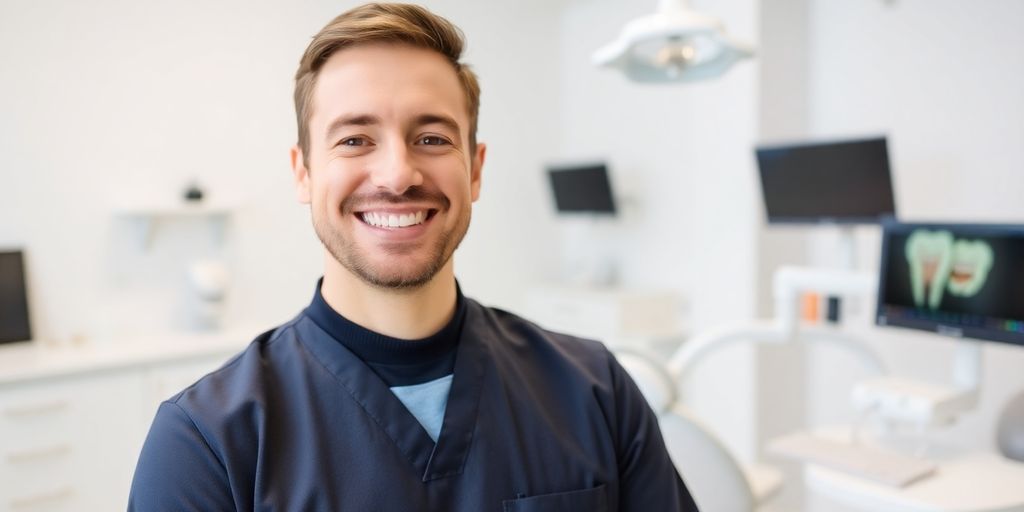Lächelnder Zahnarzt in heller Praxis