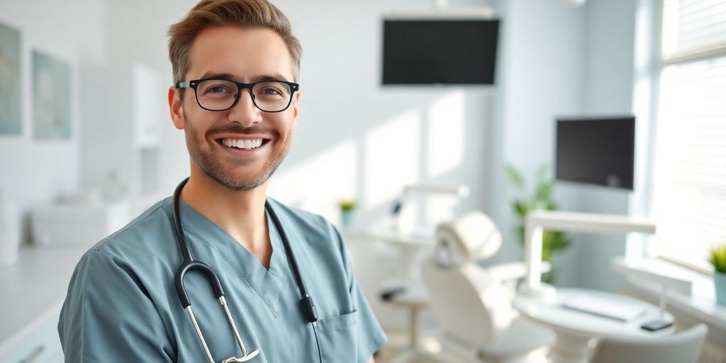 Lachender Zahnarzt in heller Praxis