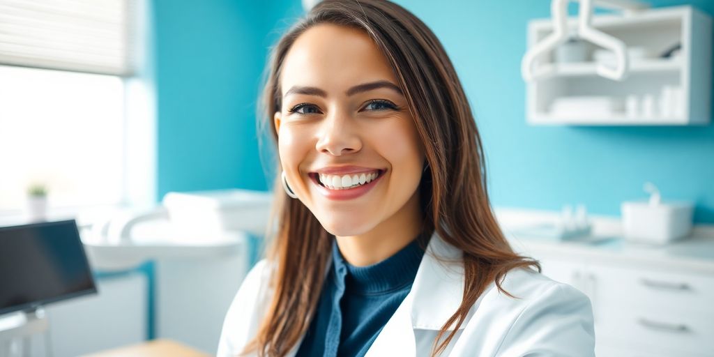 Zahnarzt lächelt in heller Praxis