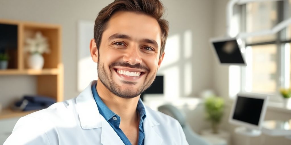 Lächelnder Zahnarzt in heller Praxis