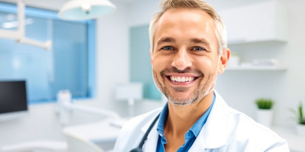 Zahnarzt lächelt modern hell Zahnarztpraxis.