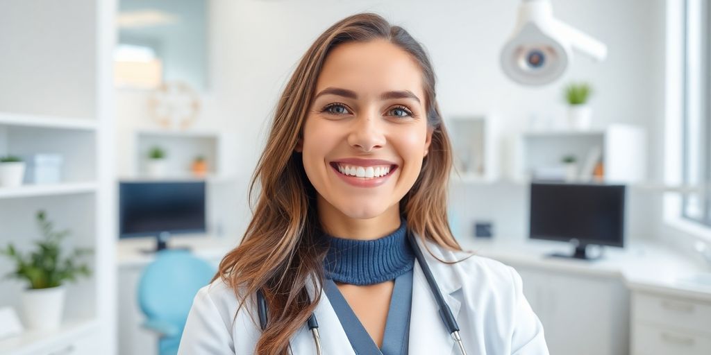 Zahnarzt lächelt in hellem, modernem Behandlungsraum.