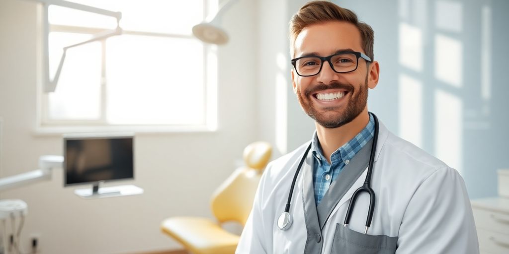 Zahnarzt lächelt in heller Praxis.