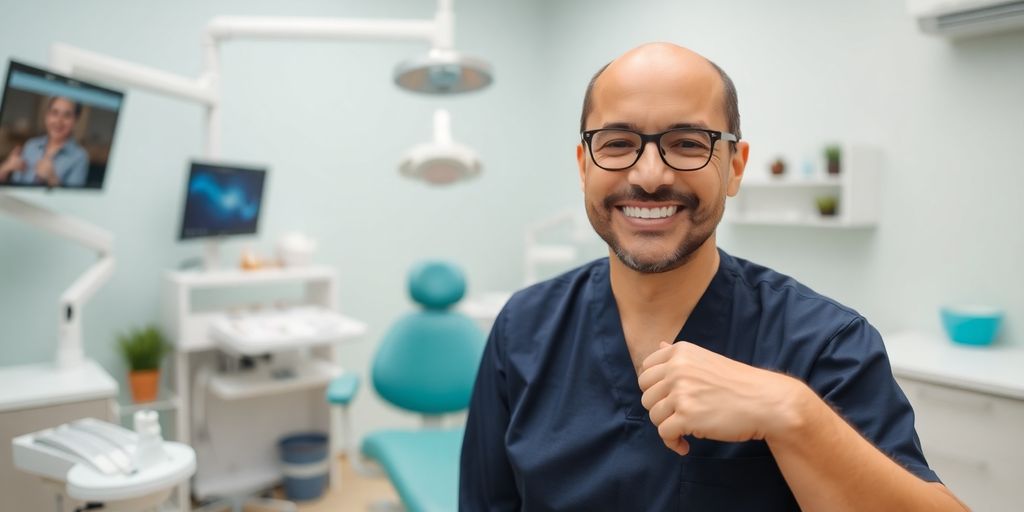 Zahnarzt lächelt in heller moderner Praxis