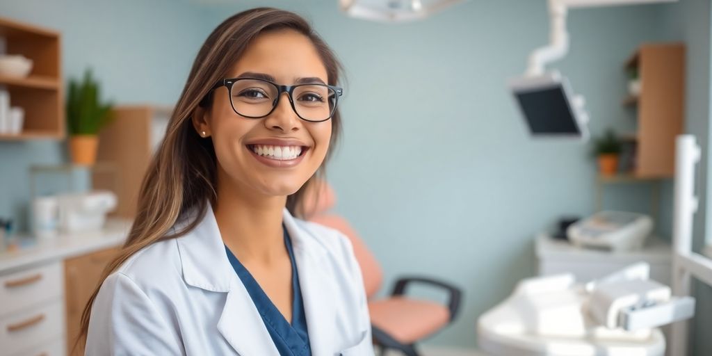 Lächelnder Zahnarzt in heller Praxis