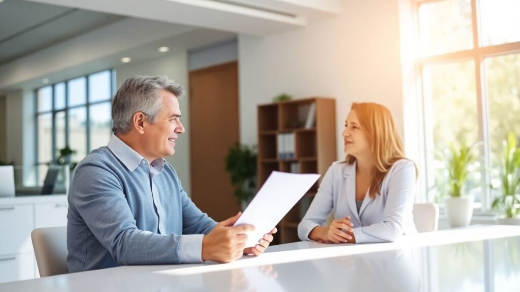 Beratungsgespräch zwischen Versicherungsberater und Kunde im Büro.