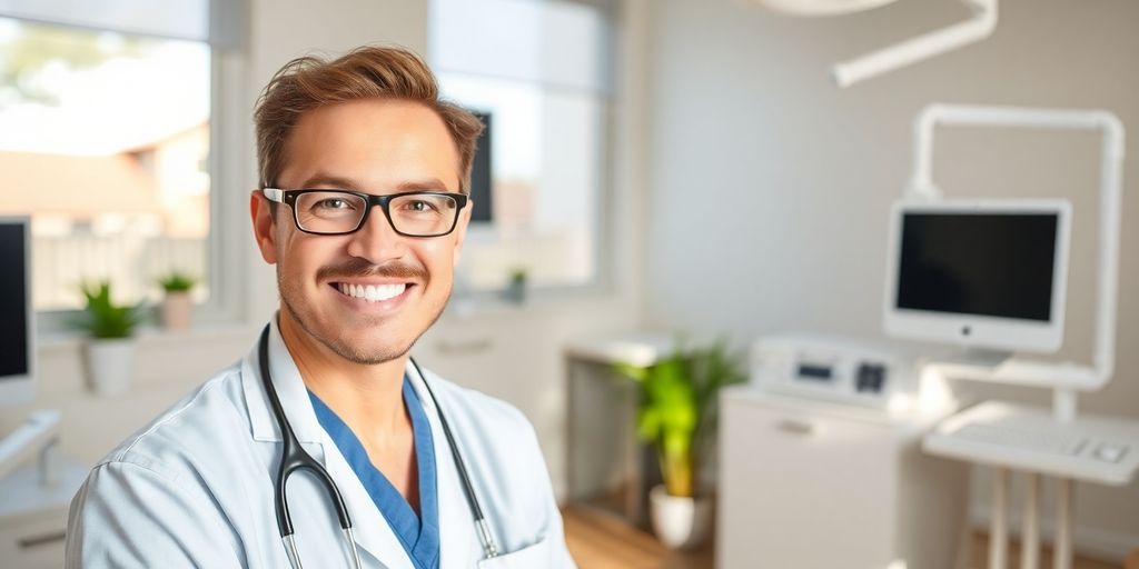 Zahnarzt lächelt in moderner Praxis.