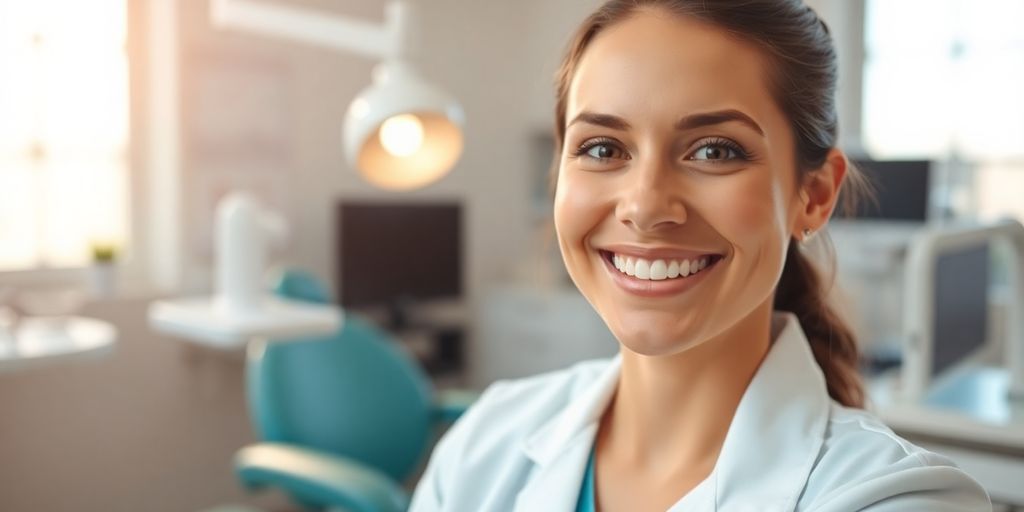 Zahnarzt lächelt in heller Praxis