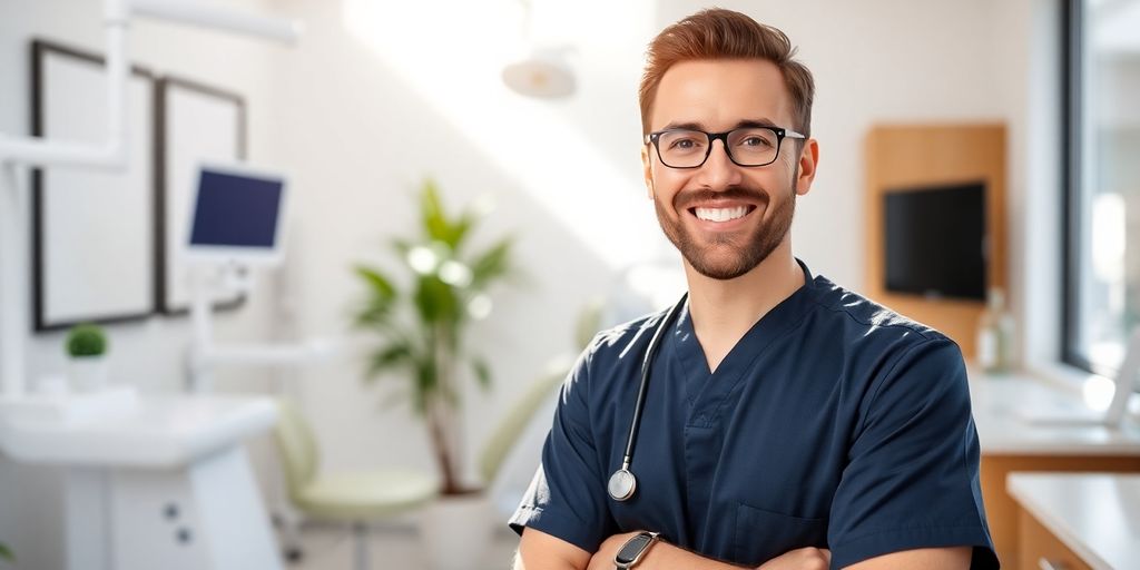 Lächelnder Zahnarzt in heller Praxis