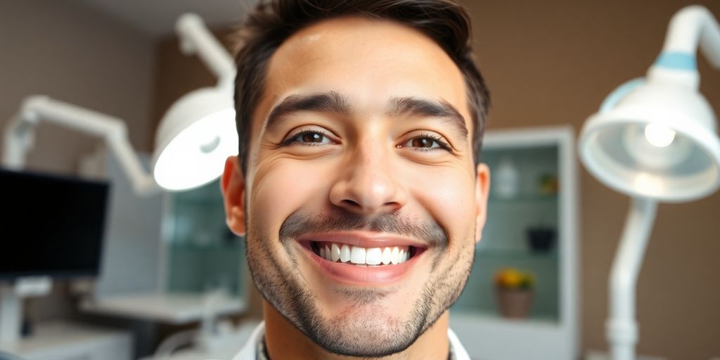 Zahnarzt lächelt in heller Praxis