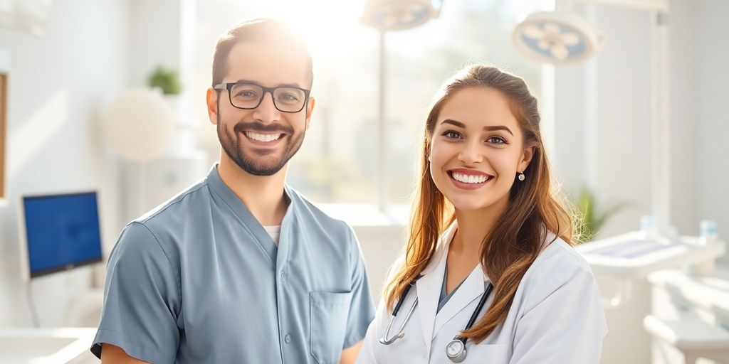 Zahnarzt lächelt in heller Praxis