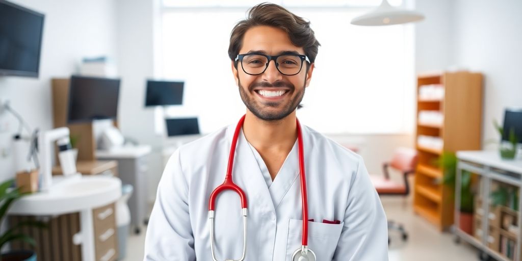 Zahnarzt lächelt in heller Praxis