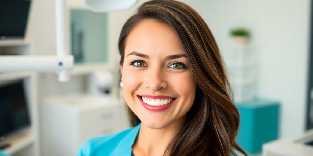 Zahnarzt lächelt in heller, moderner Praxis.
