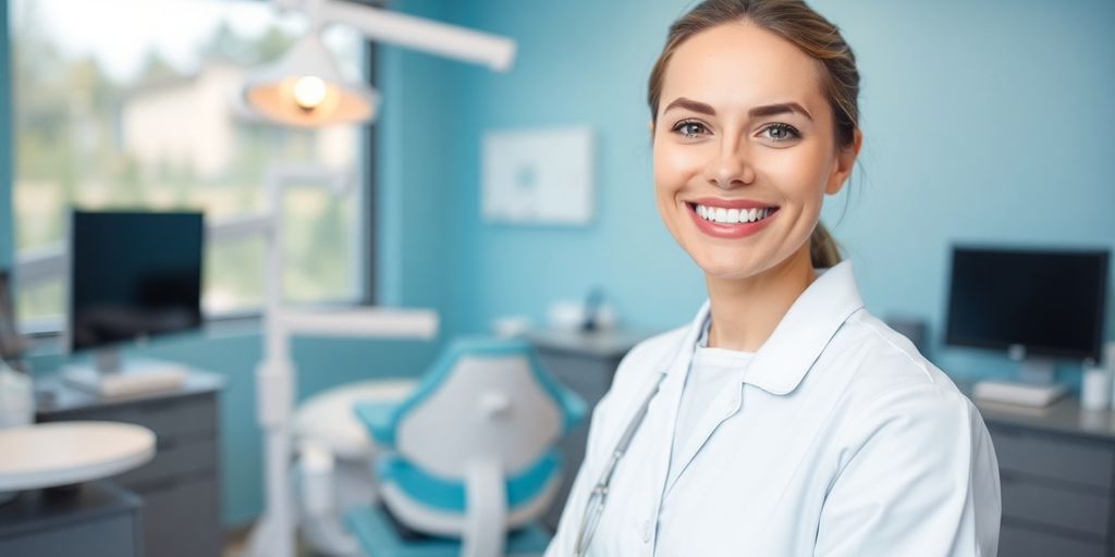Zahnarzt lächelt in moderner Praxis.