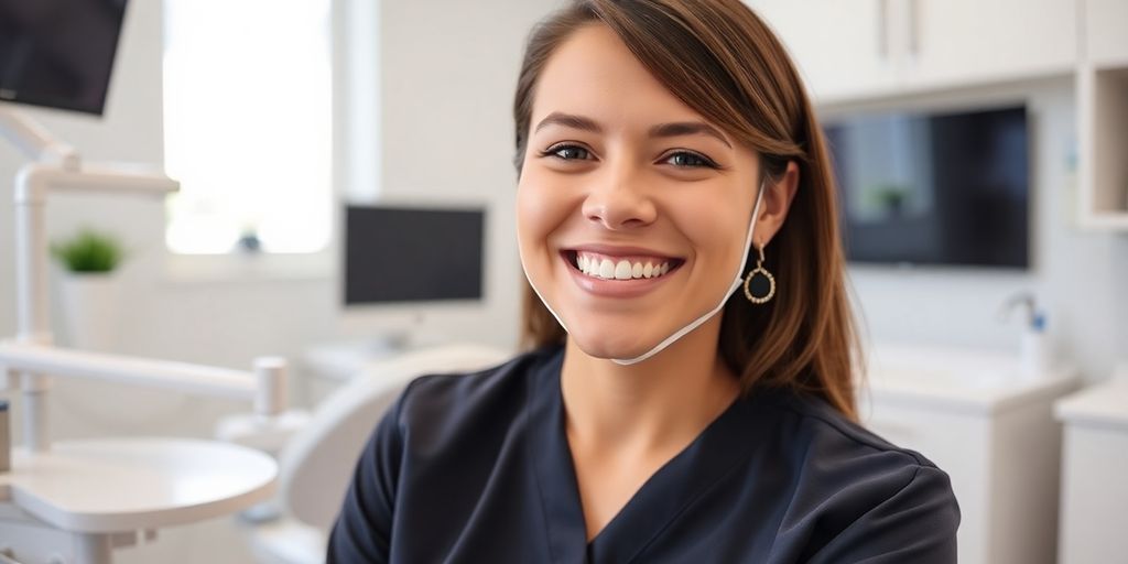 Zahnarzt lächelt in heller Praxis