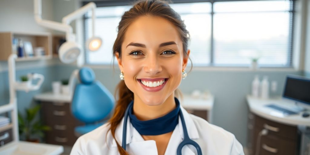 Zahnarzt lächelt in heller Praxis