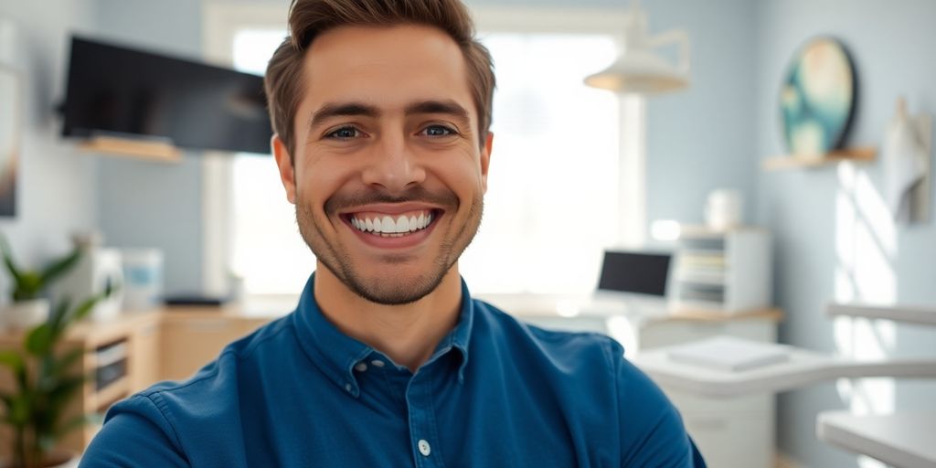 Zahnarzt lächelt in heller Praxis