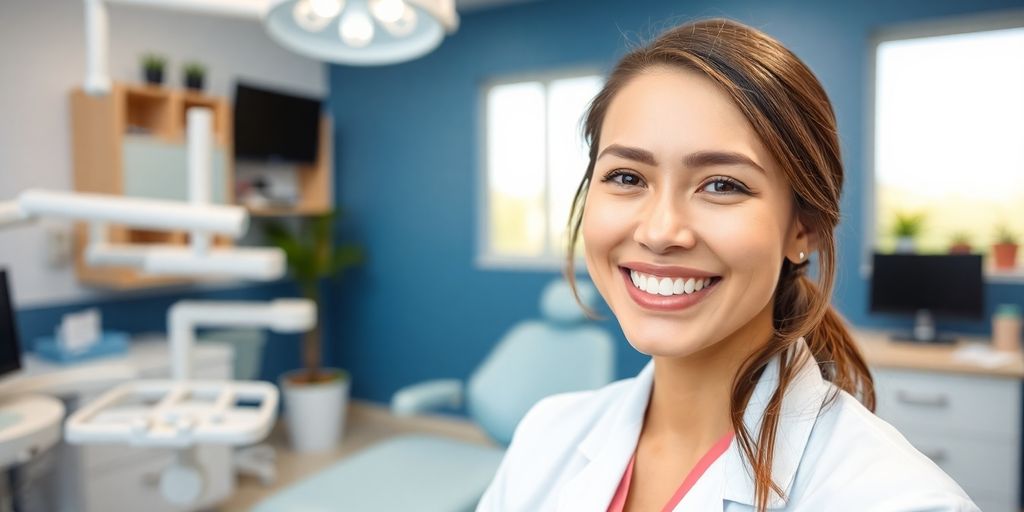 Lächelnder Zahnarzt in heller, moderner Praxis.